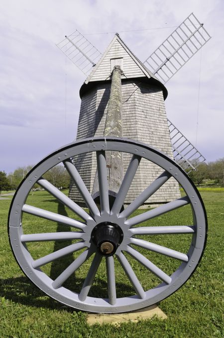 Brake wheel of Old Higgins Farm Windmill, built in 1795 and restored in 1970s, listed on National Register of Historic Places, West Brewster, Massachusetts