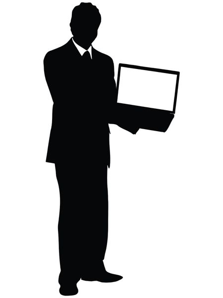 business man showing a laptop silhouette isolated over a white background