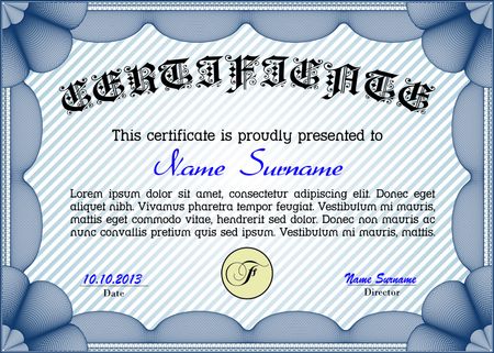 Vector illustration of blue horizontal certificate, diploma or coupon template, with very complex border design, background, and sample text.