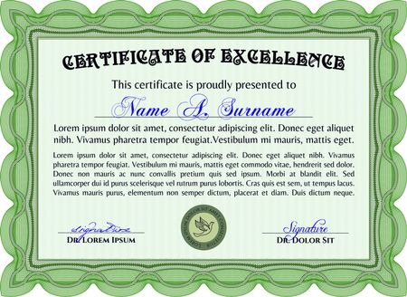 Vector illustration or green horizontal certificate, diploma or coupon template. Very complex border design. With background and sample text.