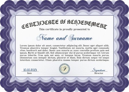 Vector illustration of horizontal certificate, diploma or coupon template. Very complex border design. With background and sample text.