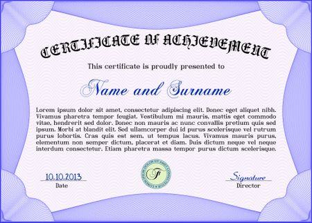 Vector illustration of horizontal certificate, diploma or coupon template. Very complex border design. With background and sample text.