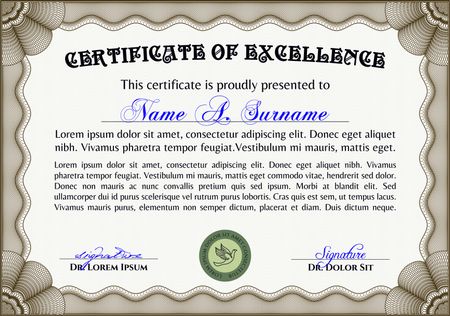 Vector certificate with sample and outlined text. Very complex border design