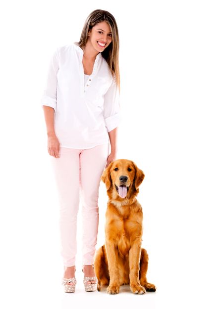 Woman with a cute dog - isolated over a white background