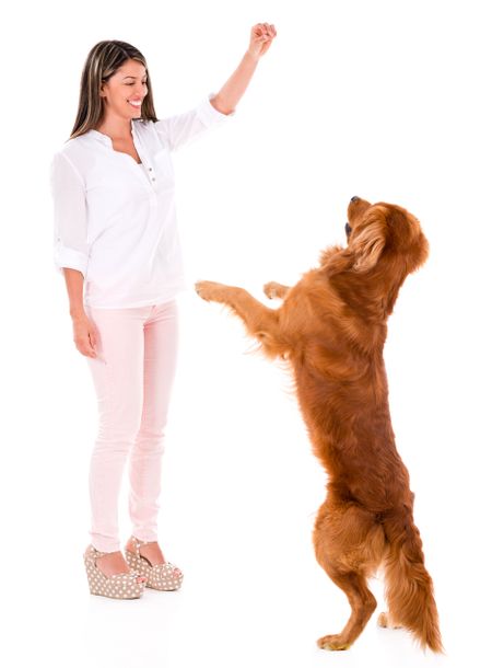 Happy woman playing with a dog - isolated over a white background