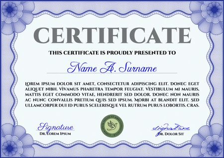 Blue horizontal certificate or diploma template