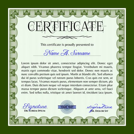 Green horizontal certificate, diploma or coupon template with very complex border design and sample text.