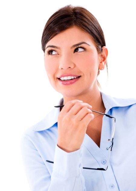 pensive-business-woman-looking-isolated-white-142894558 Pensive business woman looking up - isolated over a white background