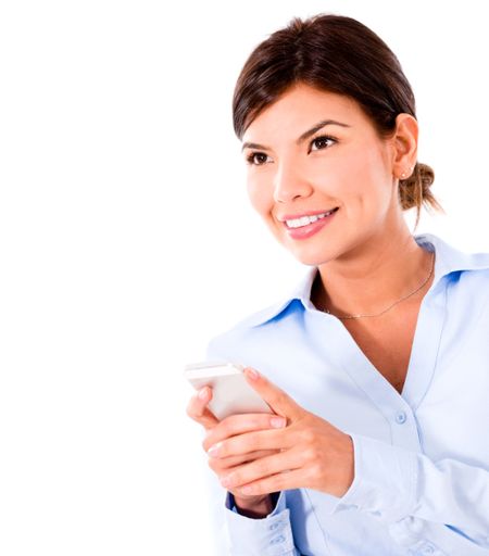 Business woman using smart phone - isolated over white background