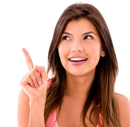 Thoughtful woman pointing an idea - isolated over a white background