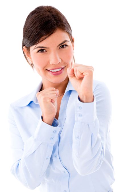 Competitive business woman fighting Ã?Â¢?? isolated over white