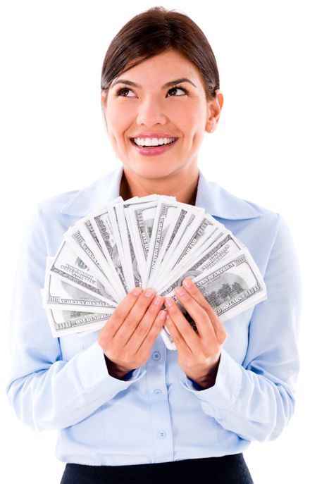 Thoughtful business woman thinking how to spend money - isolated over white