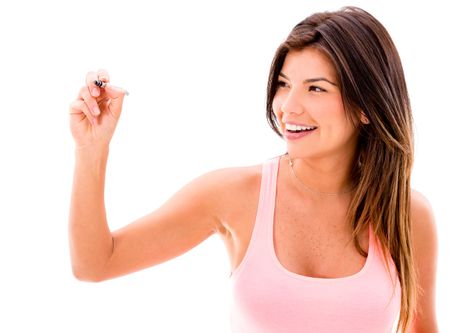 Happy woman holding a pen - isolated white background