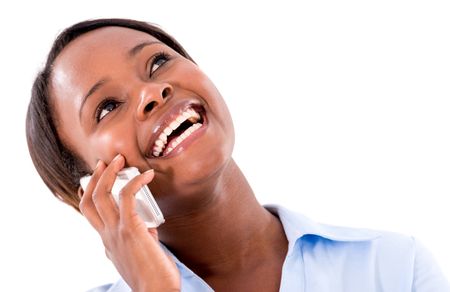 Business woman talking on the phone - isolated over white background