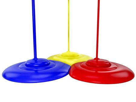 3D  color paint in yellow, blue and red - isolated over white