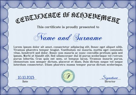 Blue certificate, diploma or coupon template, detailed border