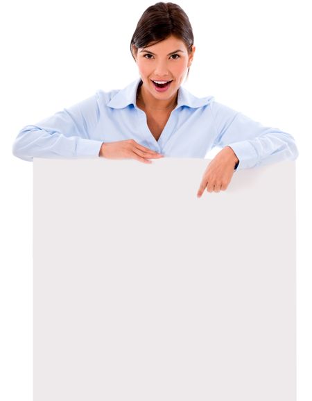 Business woman pointing on a banner - isolated over white background