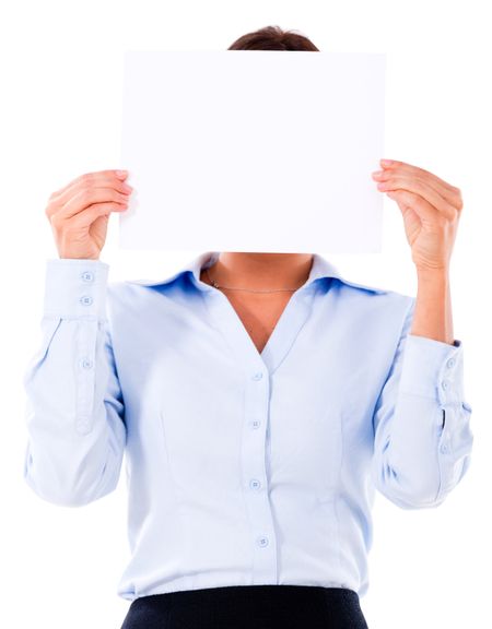 Business woman holding banner covering her face - isolated over white
