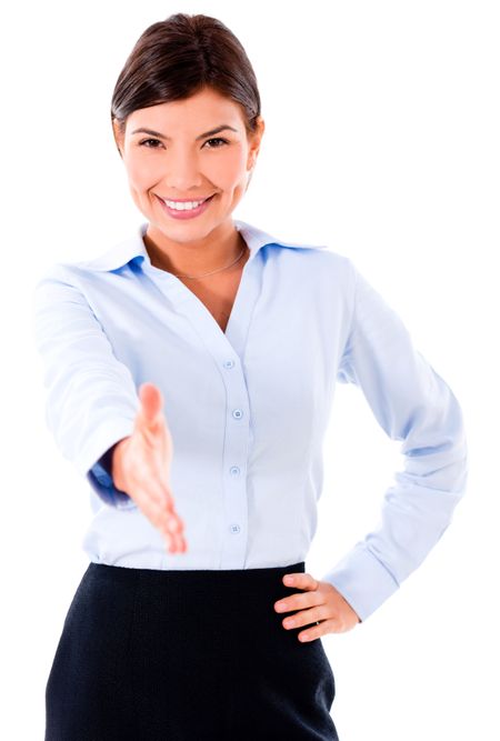 Business woman ready to handshake - isolated over a white background
