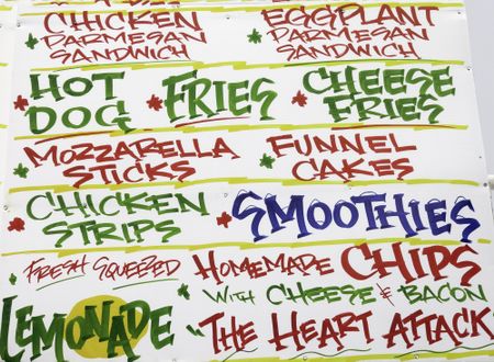 Part of large menu by fast-food booth at a street fair