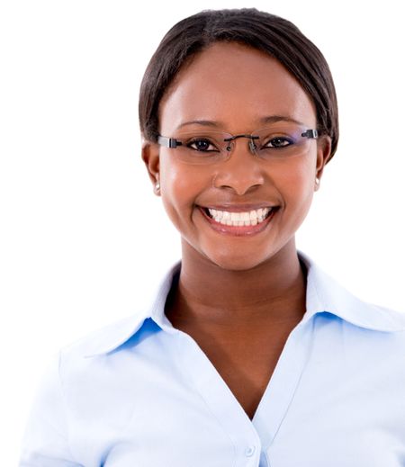 Portrait of a black business woman smiling - isolated over a white background