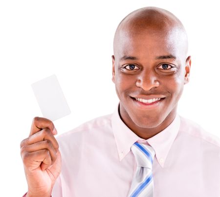 Man a holding business card - isolated over white background