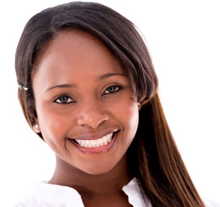 Beautiful black woman smiling - isolated over a white background