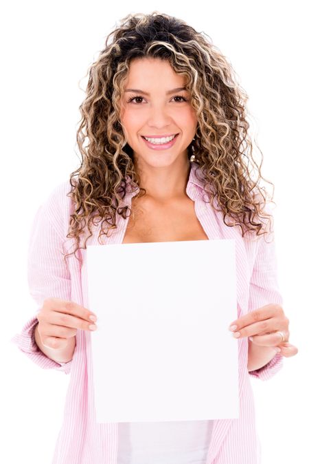 Woman holding a small banner - isolated over a white background