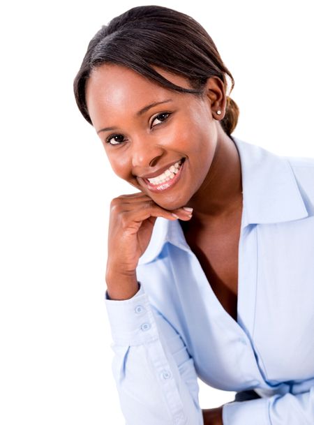 Successful business woman smiling - isolated over white