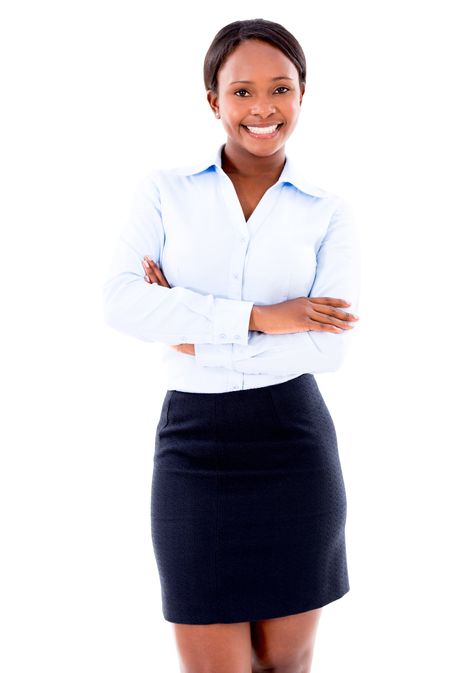 Happy business woman smiling - isolated over a white background