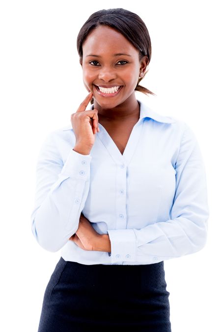 Black business woman smiling - isolated over a white background