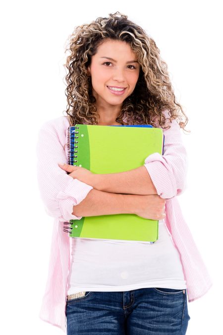 Happy female student holding notebooks - isolated over white background