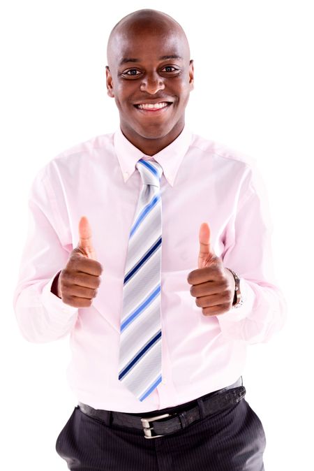 Very happy business man with thumbs up - isolated over white background