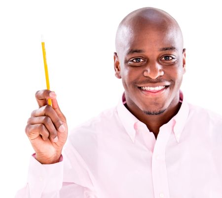 Business man pointing an idea with a pen - isolated over white 