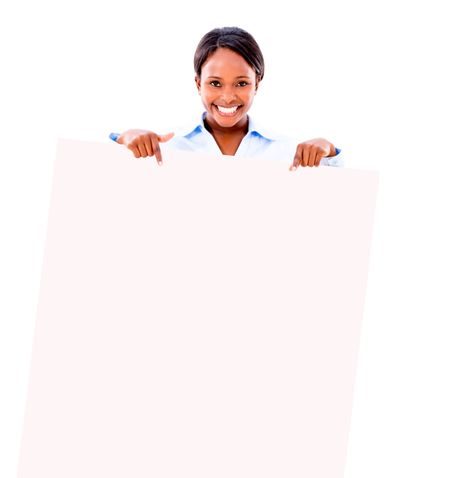 Business woman pointing at a banner - isolated over white background