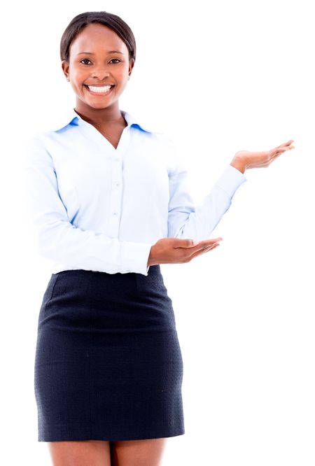 Welcoming business woman looking happy - isolated over white background 