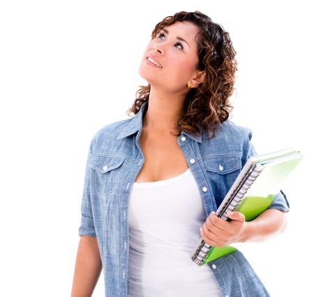 Thoughtful female student looking up - isolated over a white background