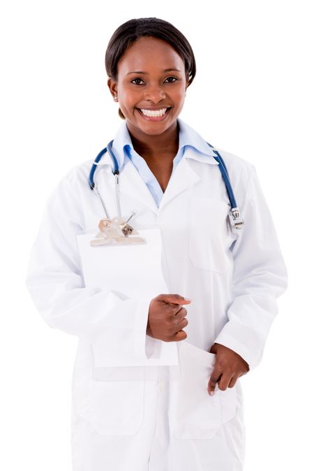 Friendly female doctor smiling - isolated over a white background