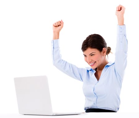 Business woman celebrating her online success - isolated over white  