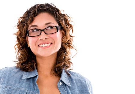 Portrait of a pensive woman with glasses - isolated over white background