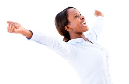 Successful business woman with arms up celebrating a triumph - isolated