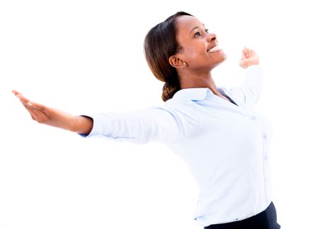 Powerful business woman with arms open - isolated over a white background