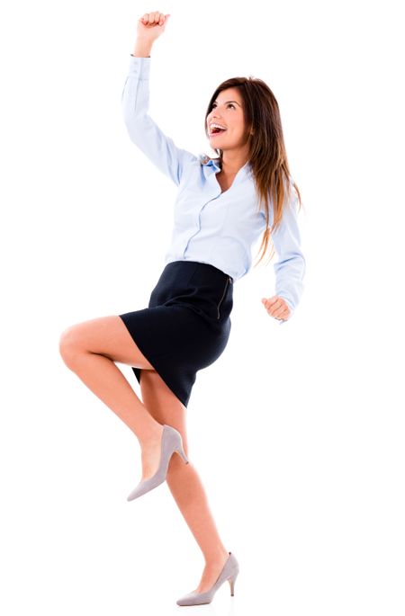 Excited business woman celebrating - isolated over white background