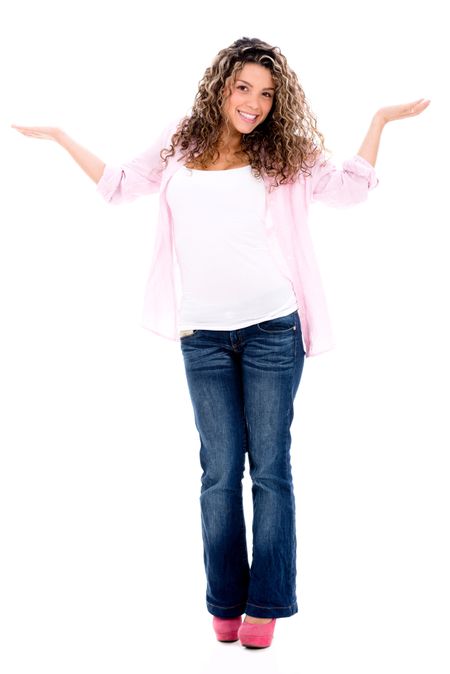 Indecisive woman smiling - isolated over a white background