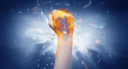 Hand hits strongly and makes fire beam around