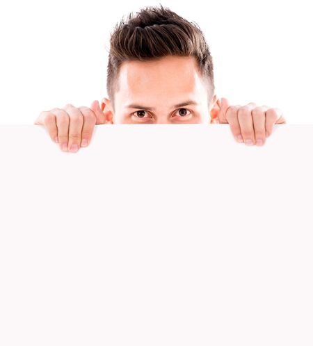 Man hiding behind a banner - isolated over white background