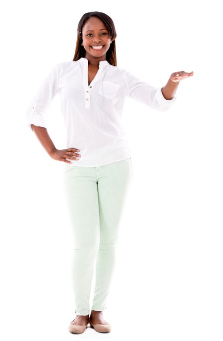 Woman with hand extended on top of something - isolated over white 