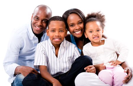 Casual family portrait smiling - isolated over a white background 