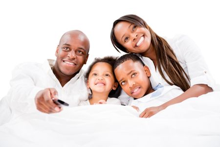 Family watching television - isolated over a white background