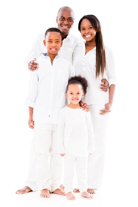 Beautiful African American family smiling - isolated over white background